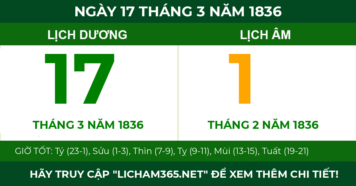 lịch âm ngày 17 tháng 3 năm 1836