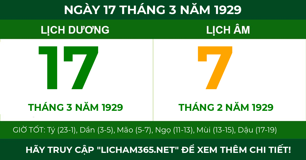 lịch âm ngày 17 tháng 3 năm 1929