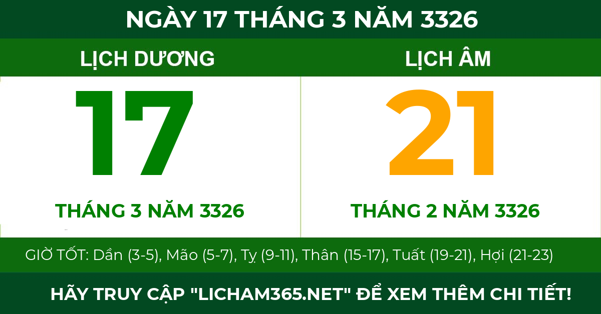 lịch âm ngày 17 tháng 3 năm 3326