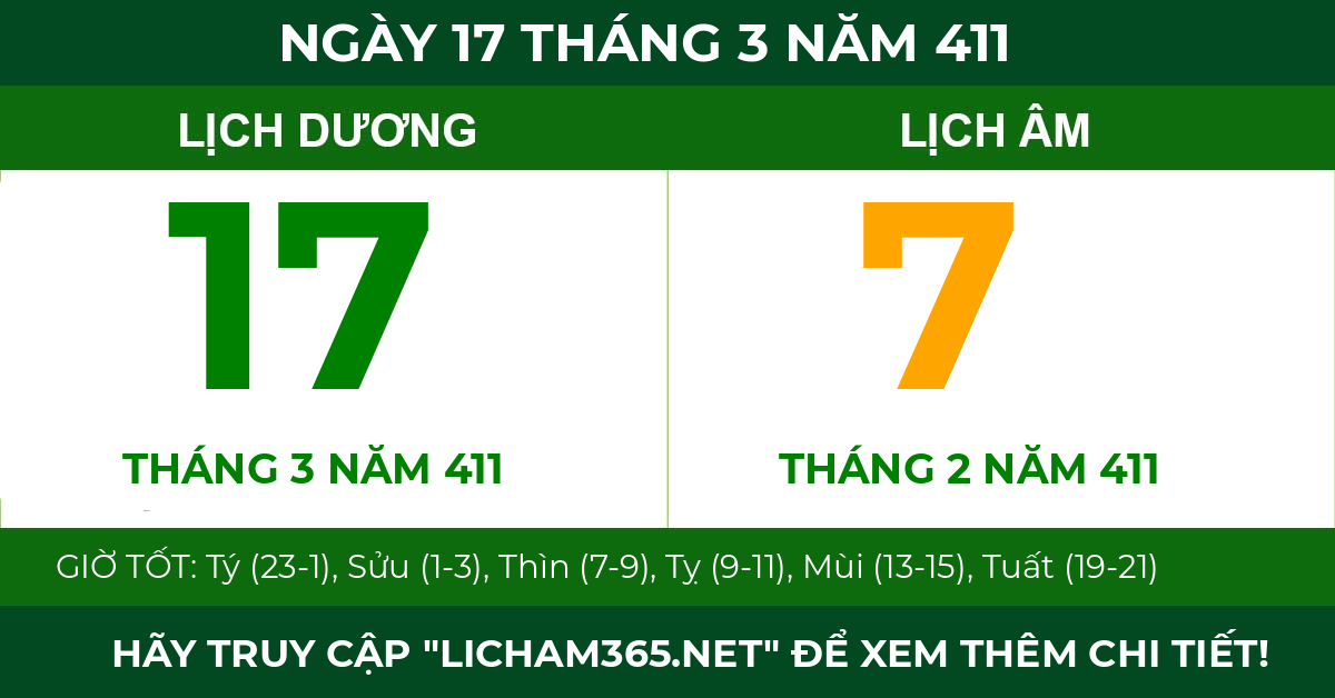 lịch âm ngày 17 tháng 3 năm 411