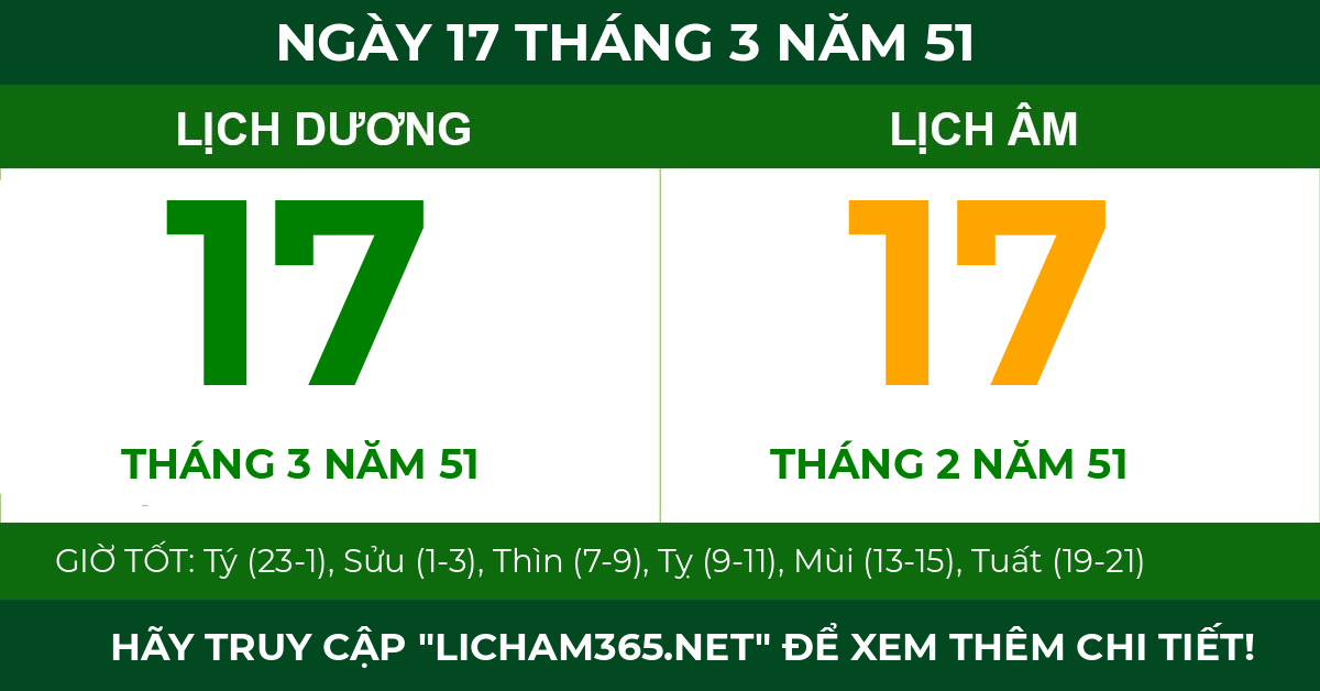 lịch âm ngày 17 tháng 3 năm 51