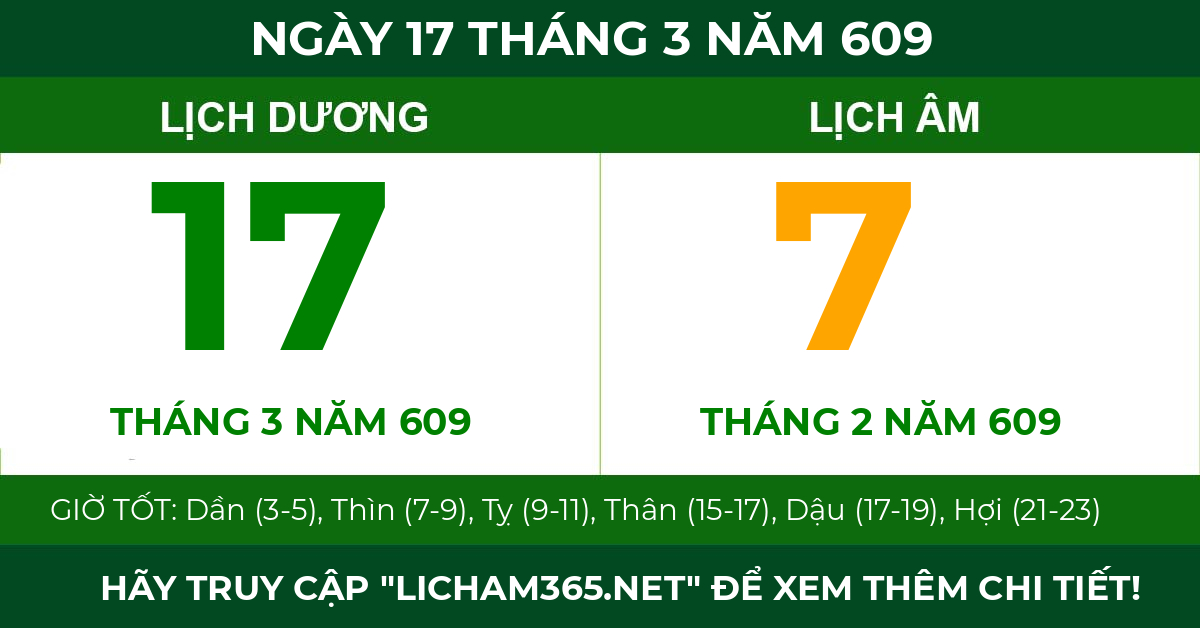 lịch âm ngày 17 tháng 3 năm 609