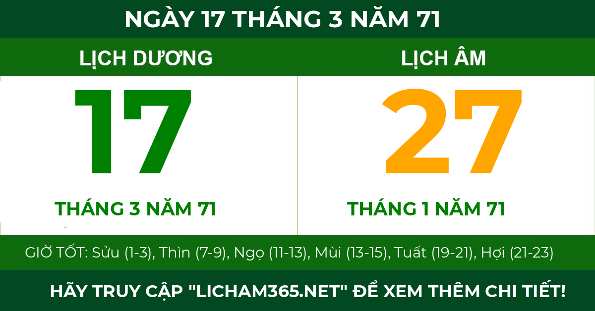lịch âm ngày 17 tháng 3 năm 71