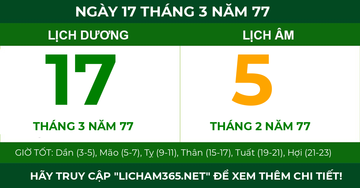 lịch âm ngày 17 tháng 3 năm 77