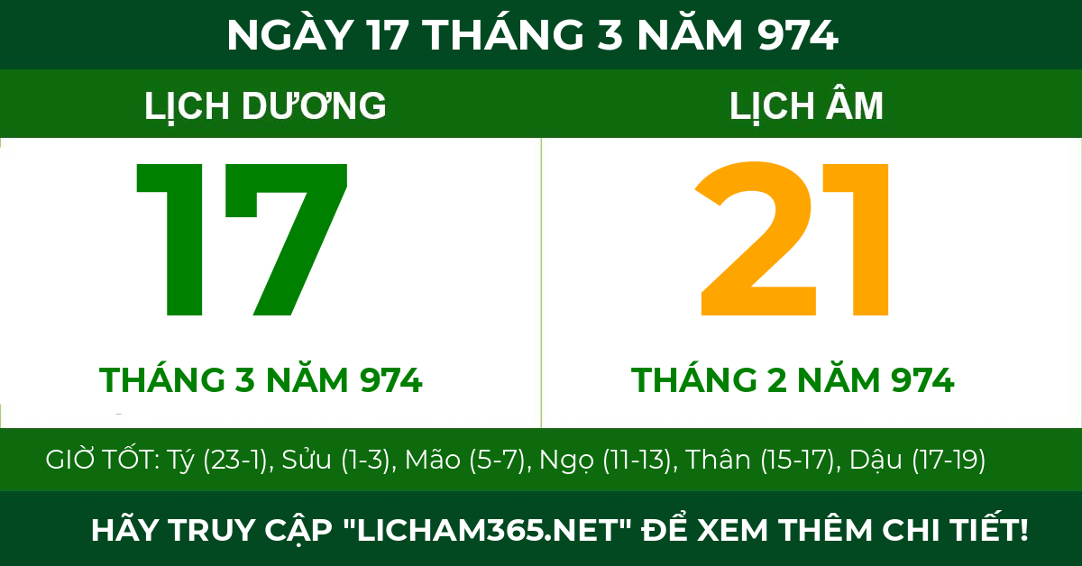 lịch âm ngày 17 tháng 3 năm 974