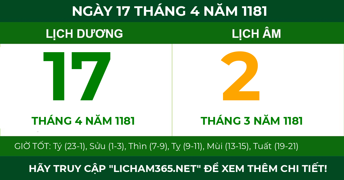 lịch âm ngày 17 tháng 4 năm 1181