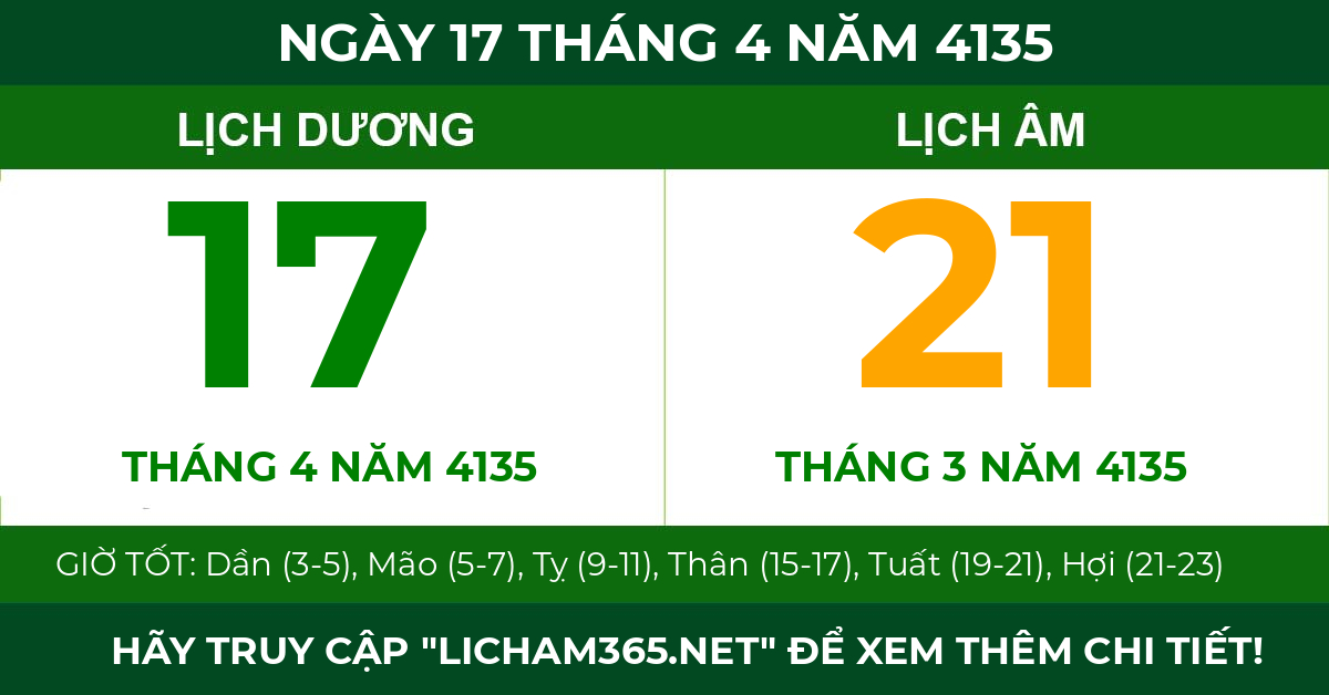 lịch âm ngày 17 tháng 4 năm 4135