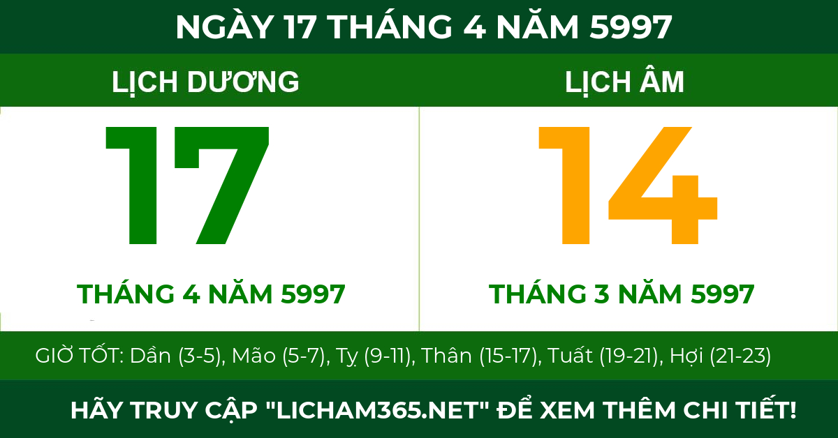 lịch âm ngày 17 tháng 4 năm 5997