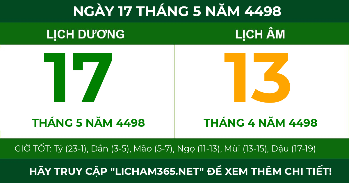 lịch âm ngày 17 tháng 5 năm 4498