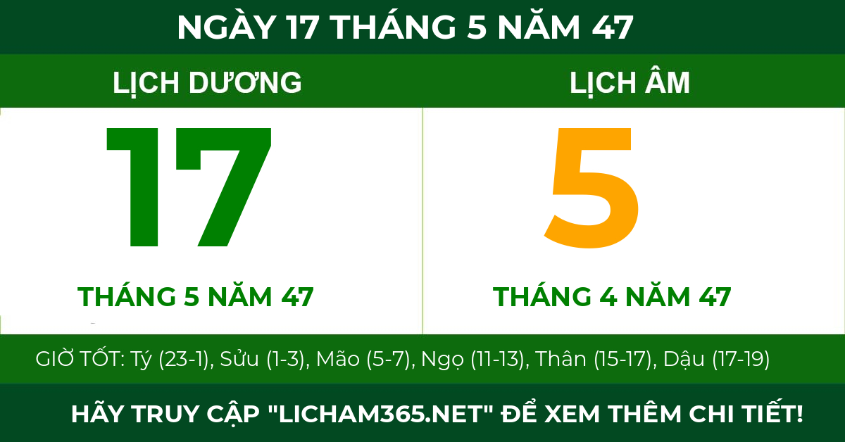 lịch âm ngày 17 tháng 5 năm 47