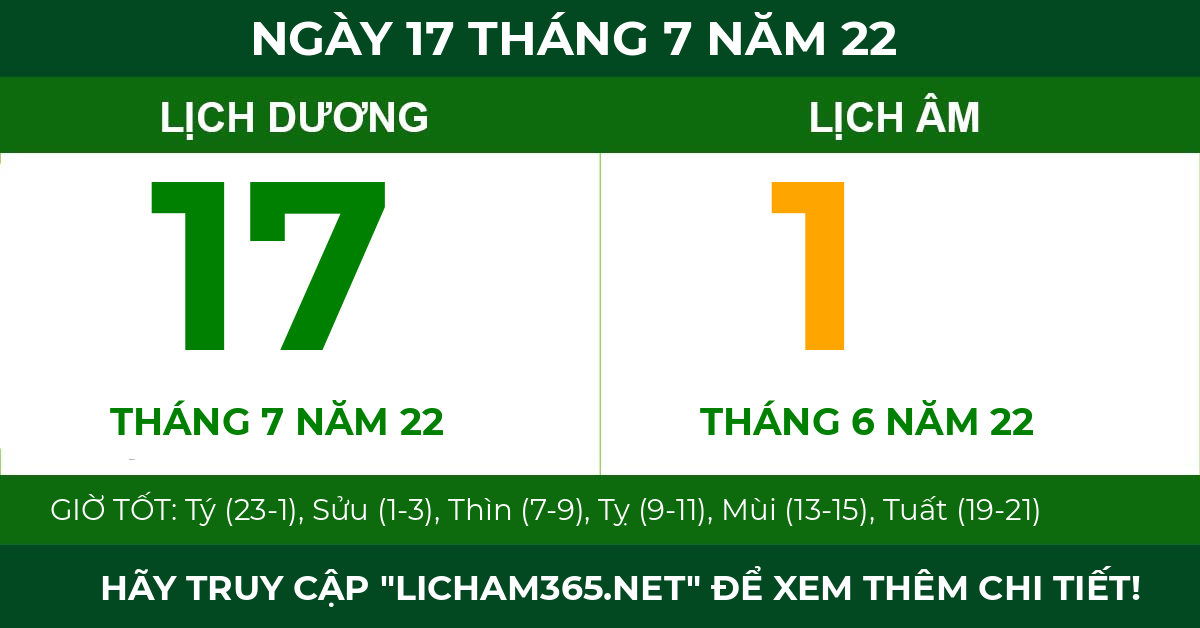 lịch âm ngày 17 tháng 7 năm 22