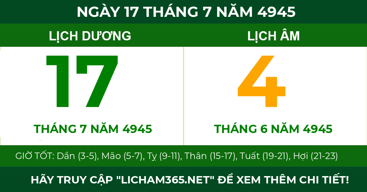lịch âm ngày 17 tháng 7 năm 4945