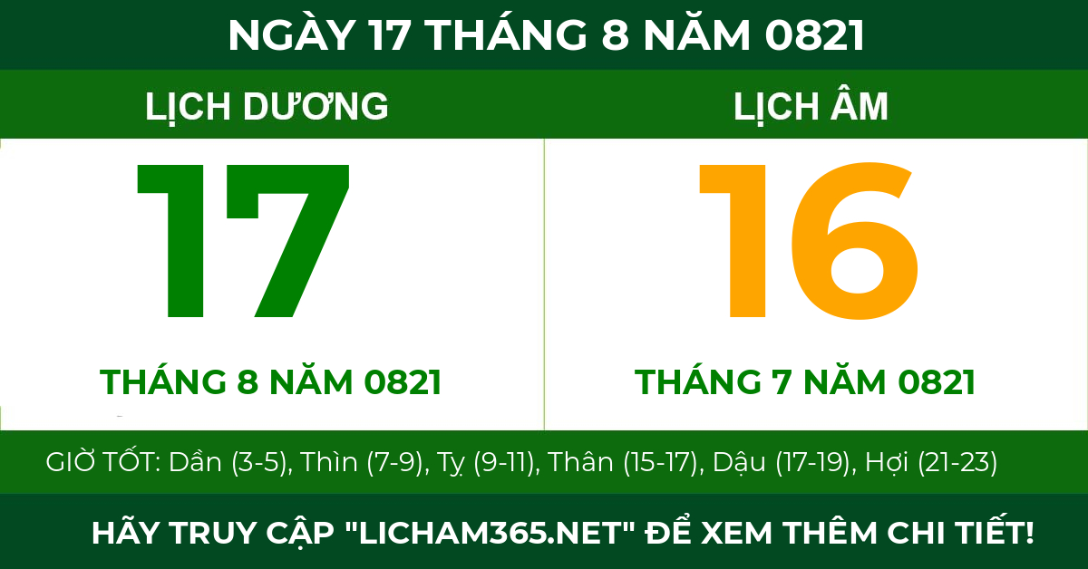 lịch âm ngày 17 tháng 8 năm 0821