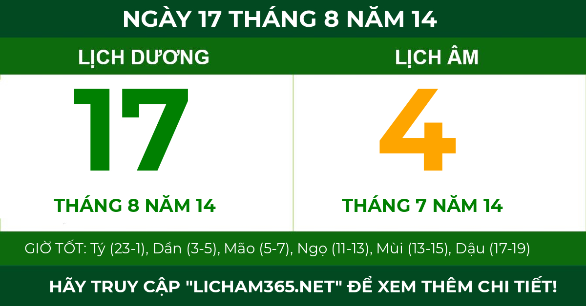 lịch âm ngày 17 tháng 8 năm 14