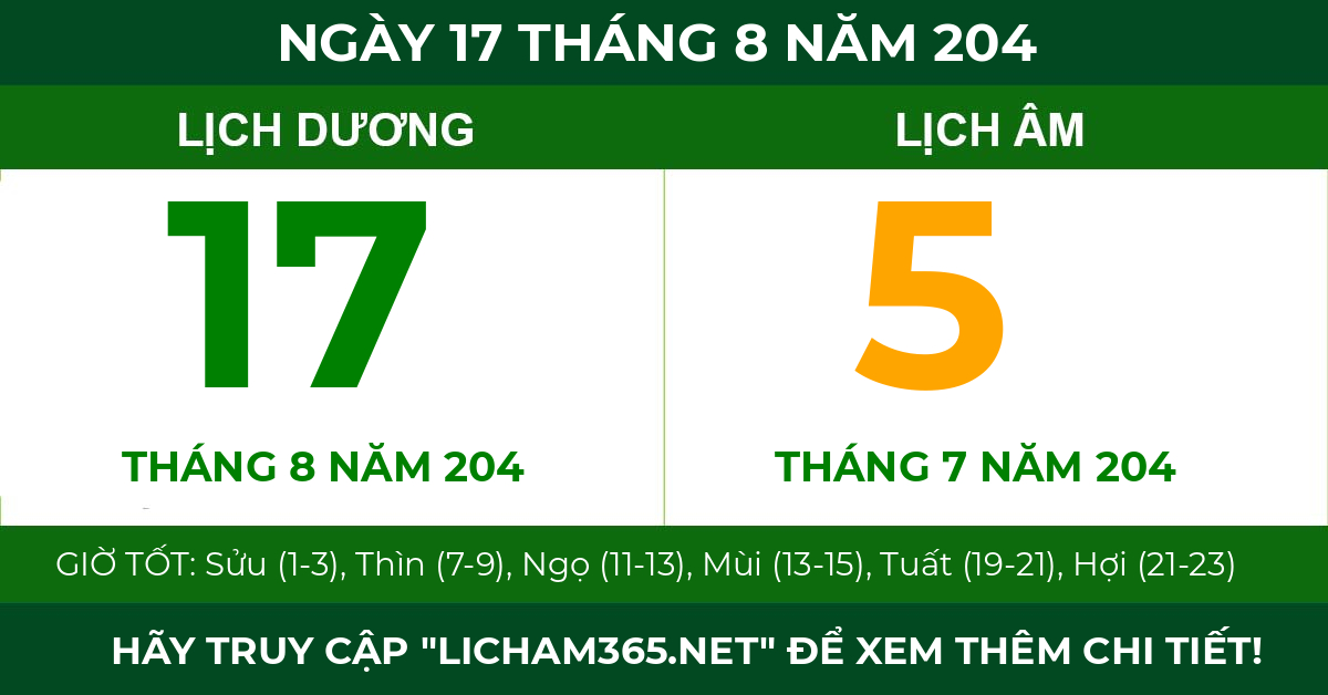 lịch âm ngày 17 tháng 8 năm 204