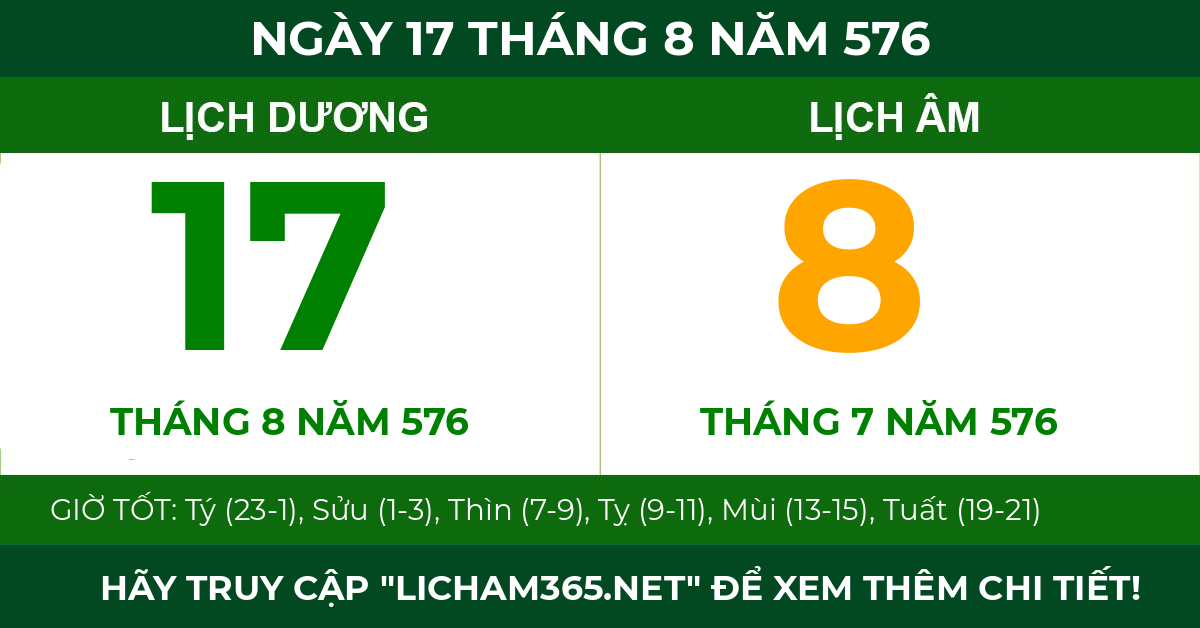 lịch âm ngày 17 tháng 8 năm 576
