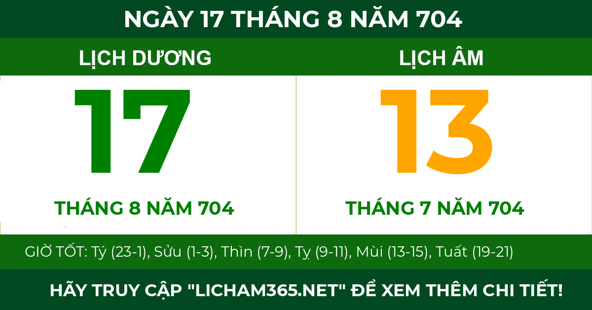lịch âm ngày 17 tháng 8 năm 704