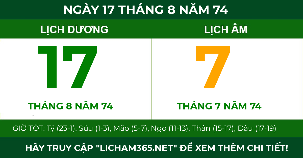 lịch âm ngày 17 tháng 8 năm 74