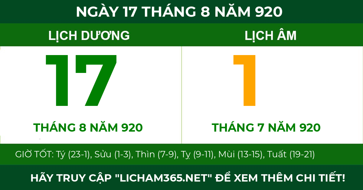 lịch âm ngày 17 tháng 8 năm 920