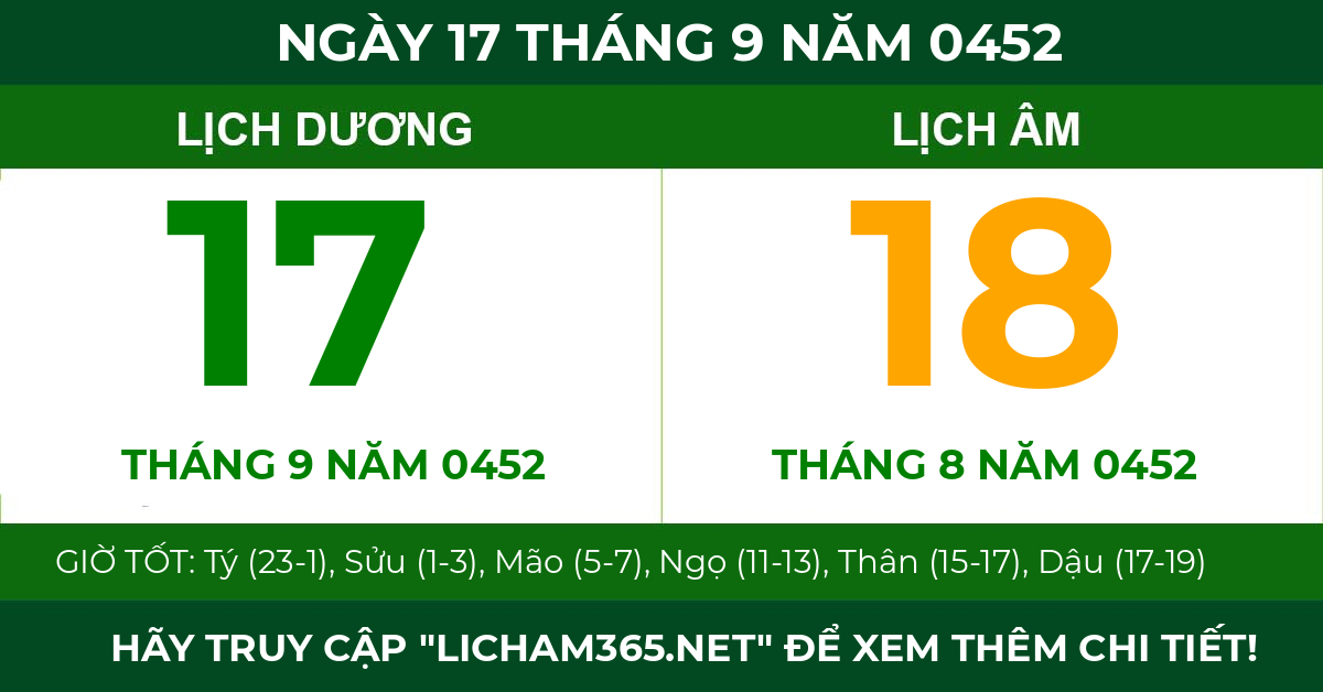 lịch âm ngày 17 tháng 9 năm 0452