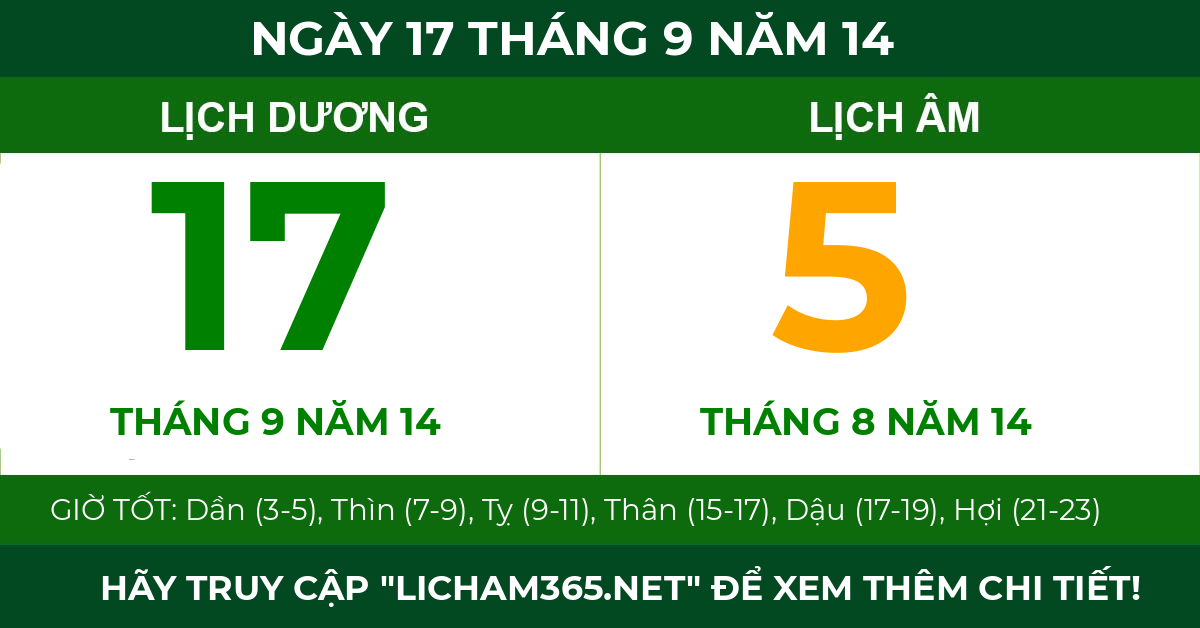 lịch âm ngày 17 tháng 9 năm 14