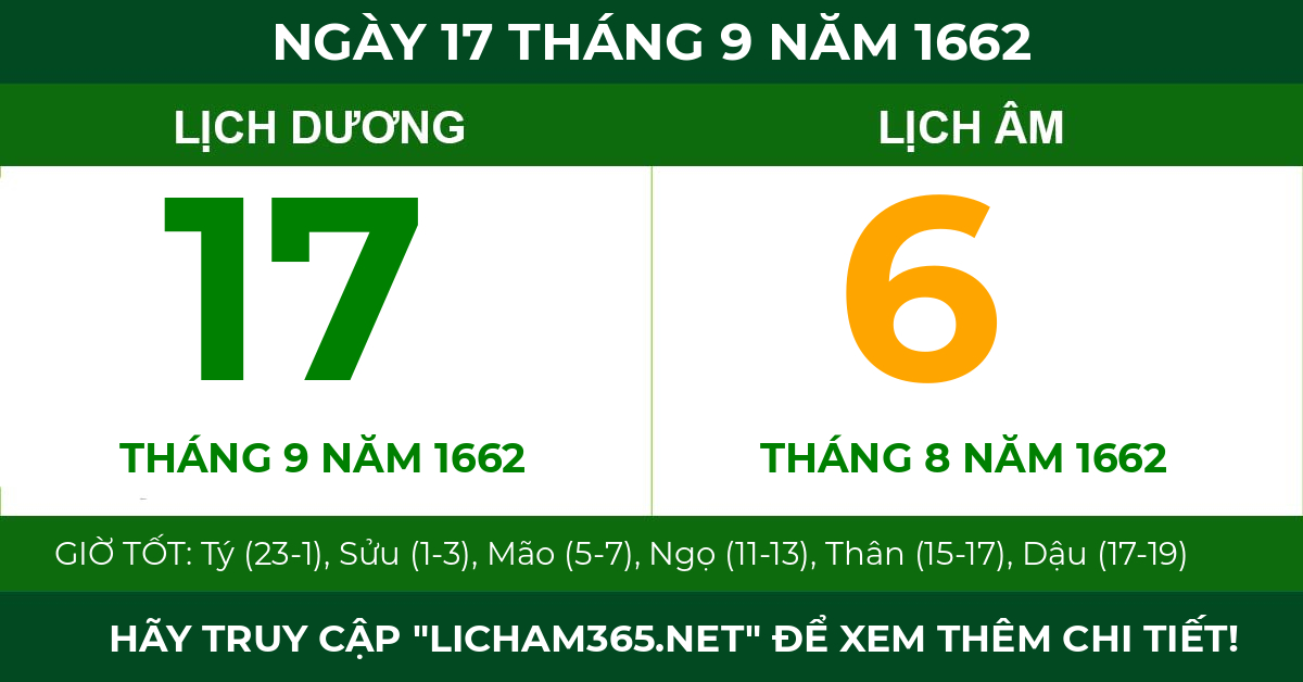 lịch âm ngày 17 tháng 9 năm 1662