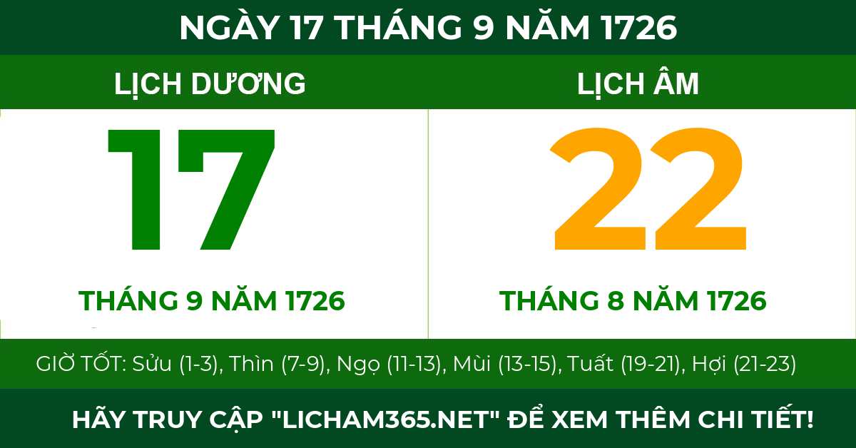 lịch âm ngày 17 tháng 9 năm 1726