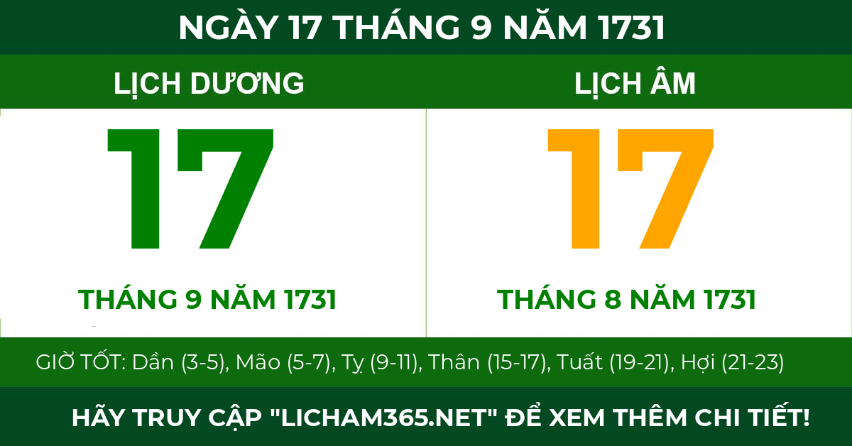 lịch âm ngày 17 tháng 9 năm 1731
