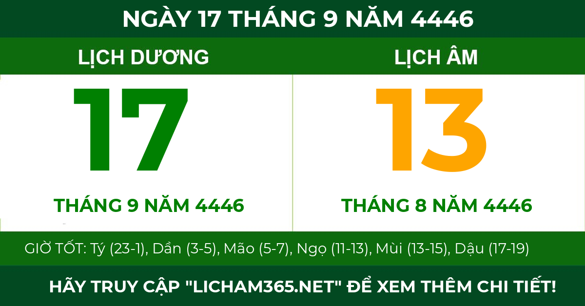 lịch âm ngày 17 tháng 9 năm 4446