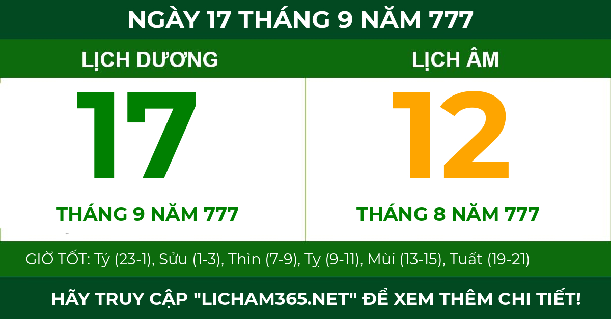 lịch âm ngày 17 tháng 9 năm 777