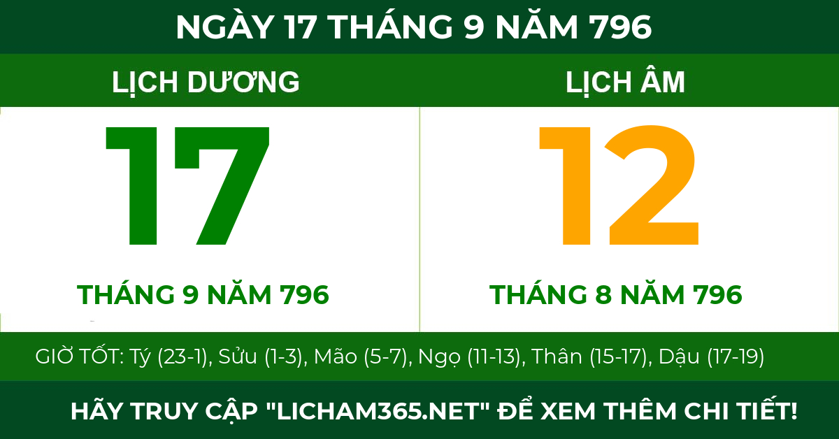 lịch âm ngày 17 tháng 9 năm 796