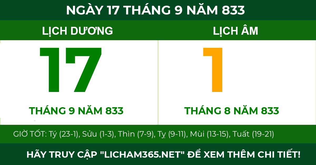 lịch âm ngày 17 tháng 9 năm 833