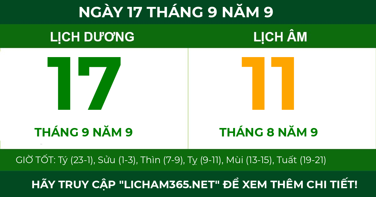 lịch âm ngày 17 tháng 9 năm 9