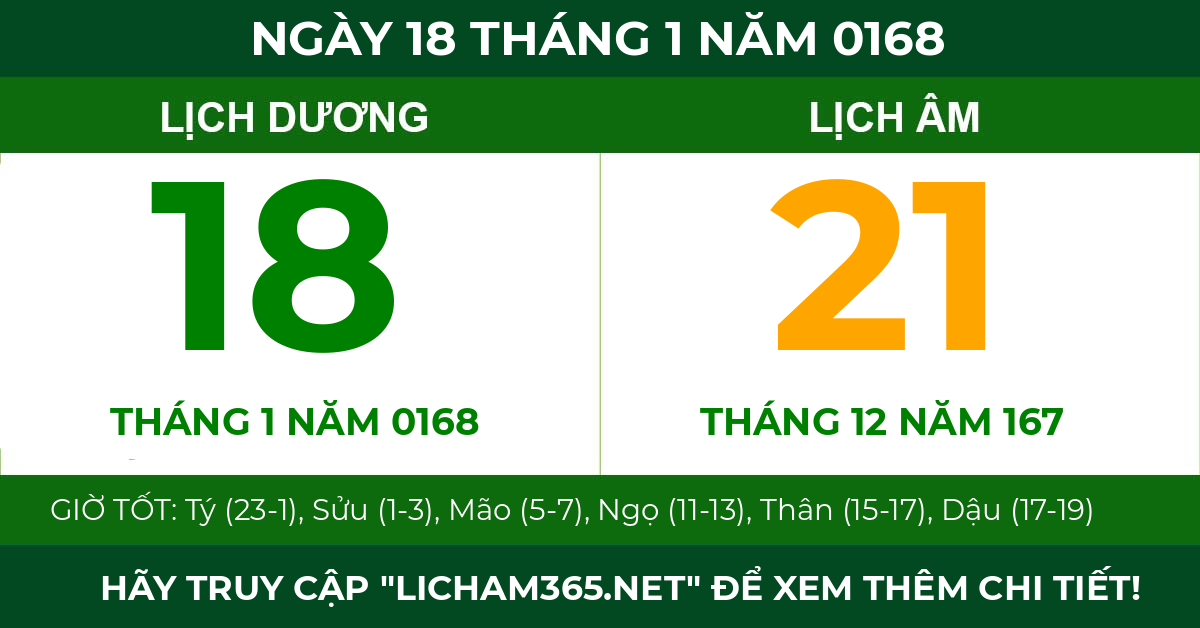 lịch âm ngày 18 tháng 1 năm 0168
