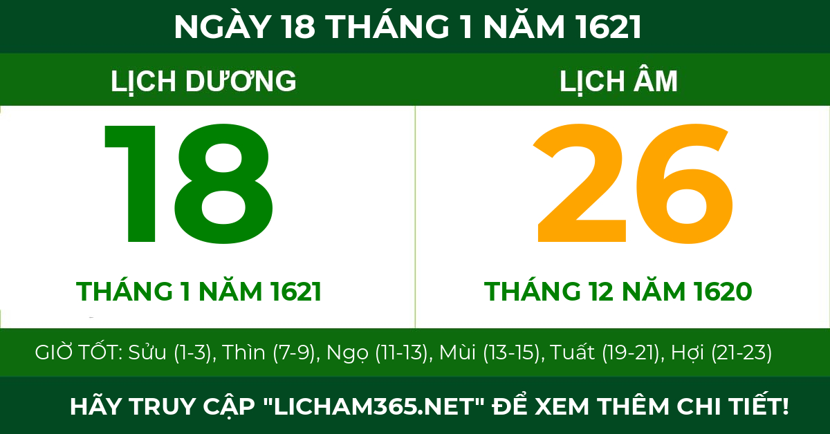 lịch âm ngày 18 tháng 1 năm 1621