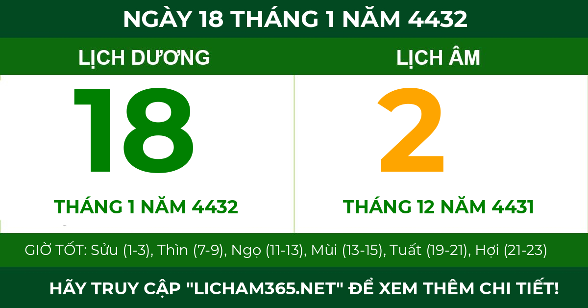 lịch âm ngày 18 tháng 1 năm 4432