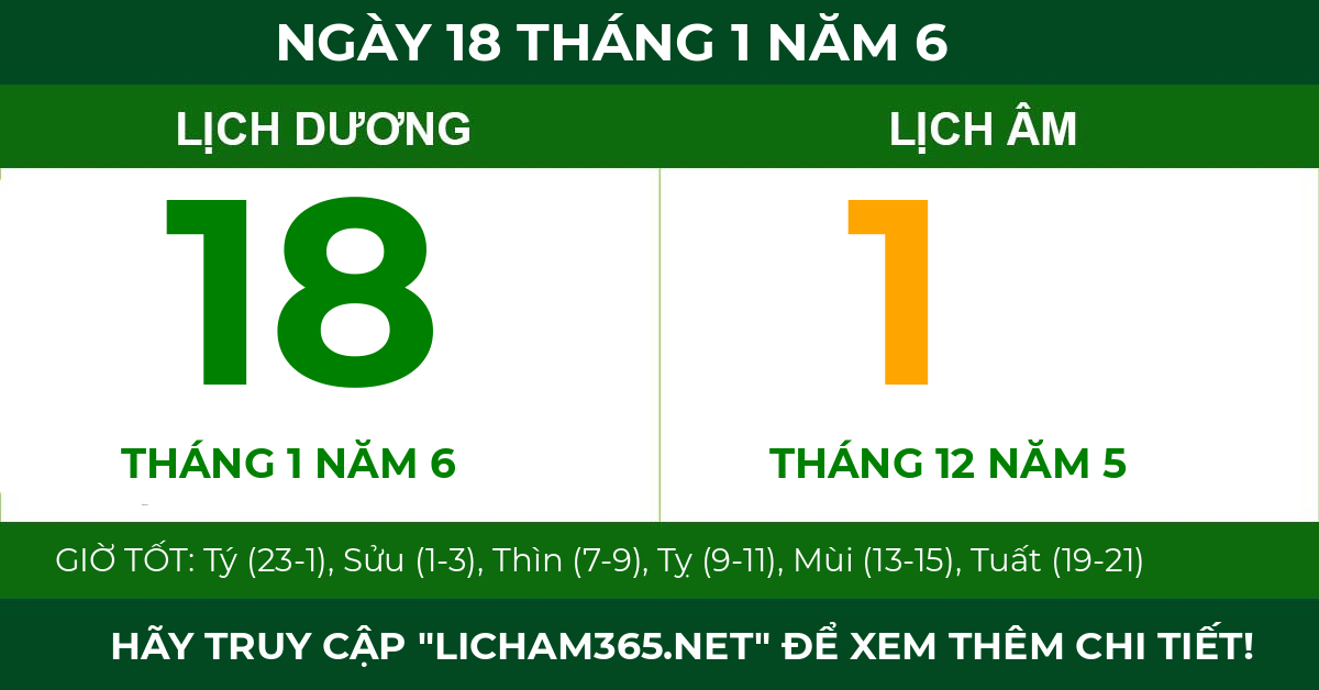 lịch âm ngày 18 tháng 1 năm 6