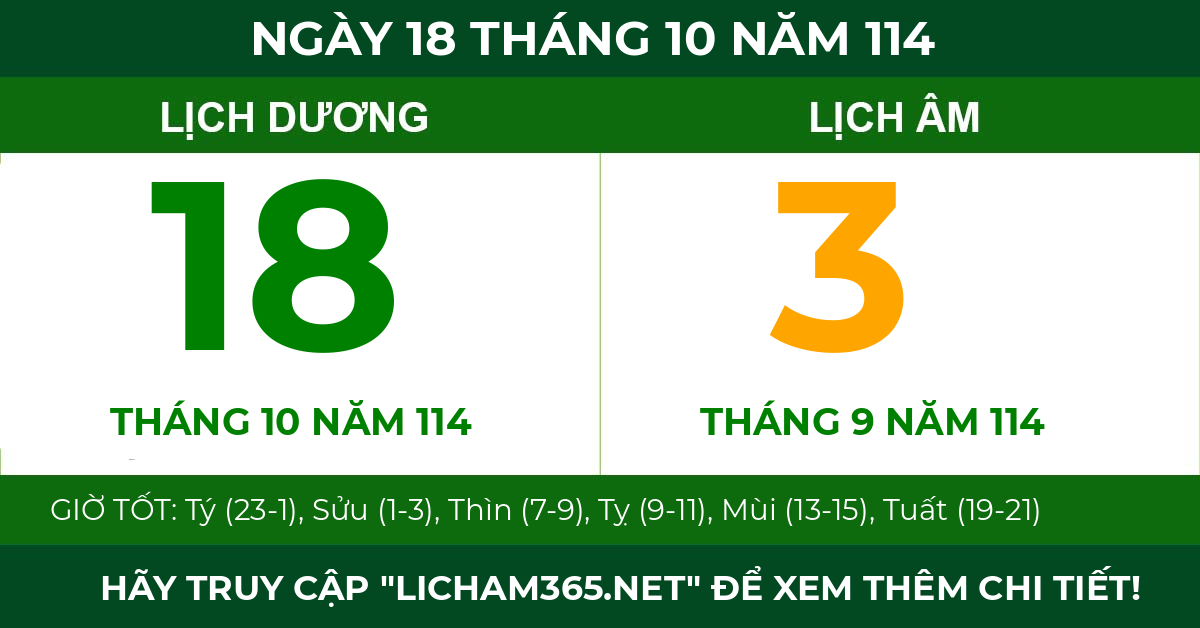 lịch âm ngày 18 tháng 10 năm 114