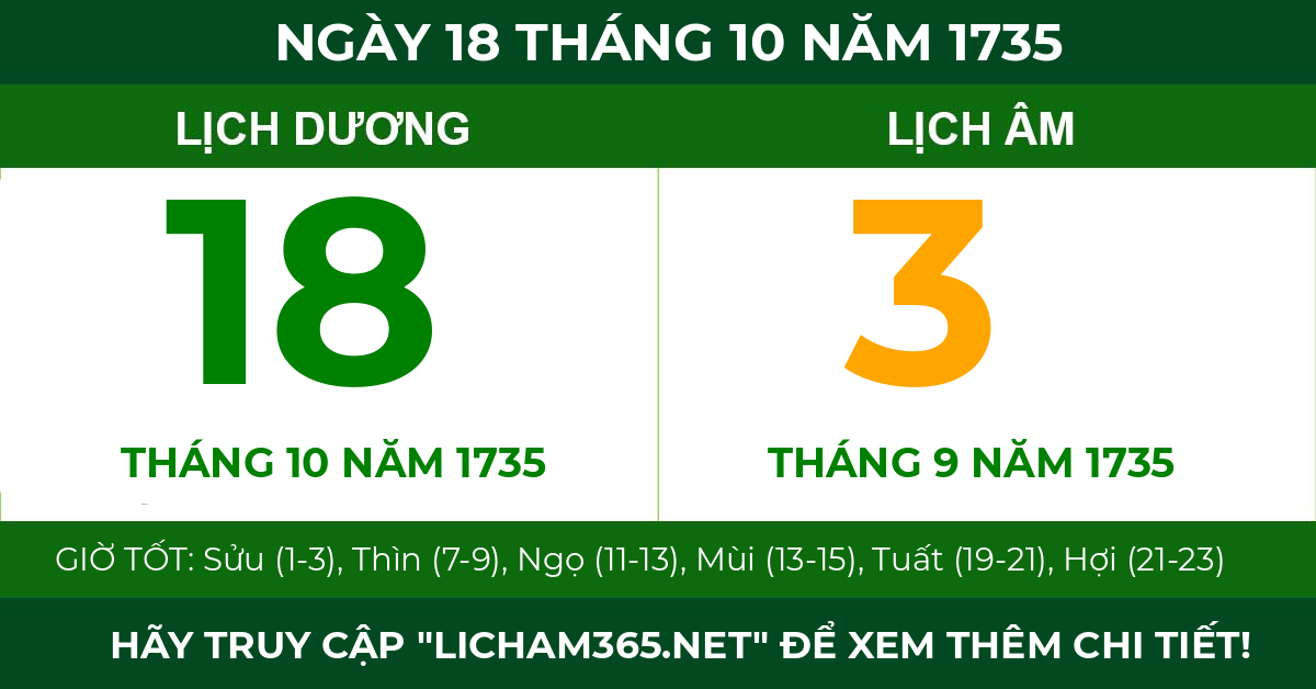 lịch âm ngày 18 tháng 10 năm 1735