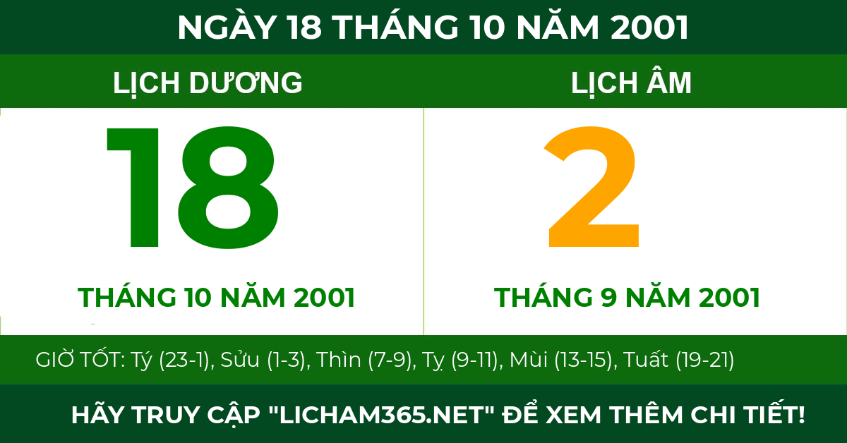 lịch âm ngày 18 tháng 10 năm 2001