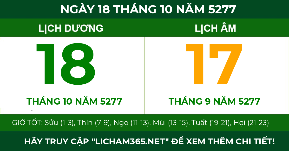lịch âm ngày 18 tháng 10 năm 5277
