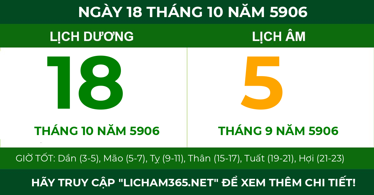 lịch âm ngày 18 tháng 10 năm 5906