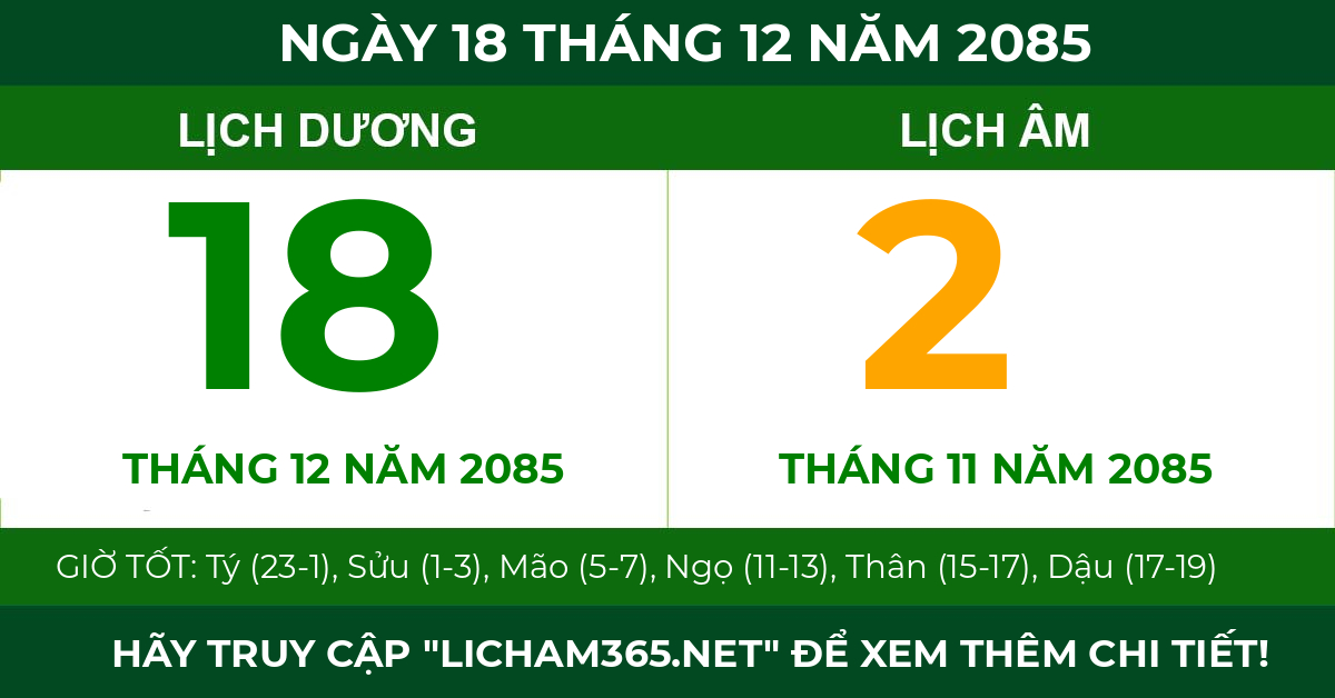lịch âm ngày 18 tháng 12 năm 2085
