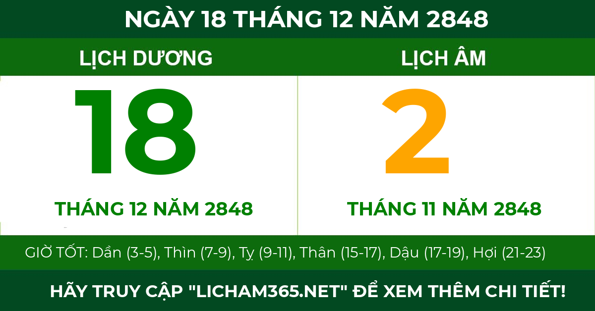 lịch âm ngày 18 tháng 12 năm 2848