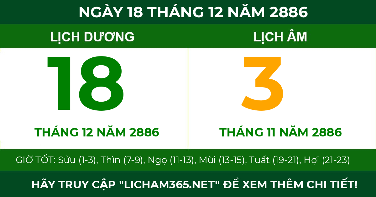 lịch âm ngày 18 tháng 12 năm 2886