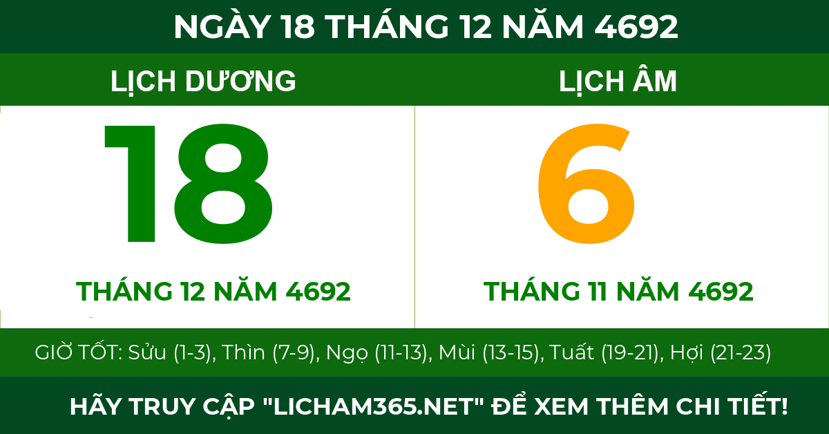 lịch âm ngày 18 tháng 12 năm 4692