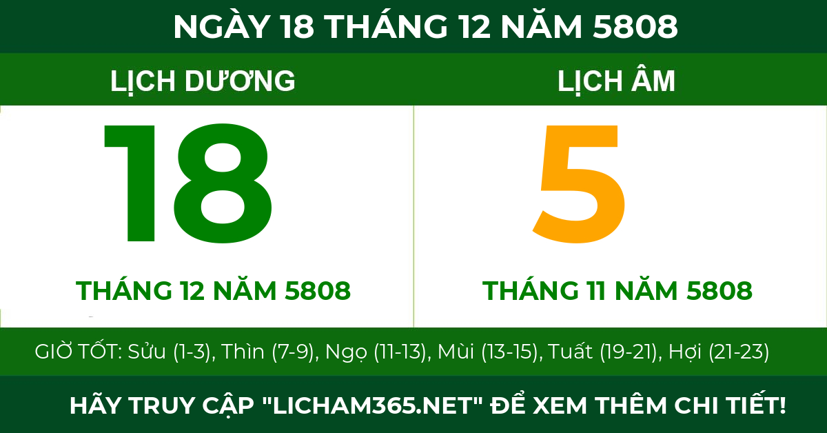lịch âm ngày 18 tháng 12 năm 5808