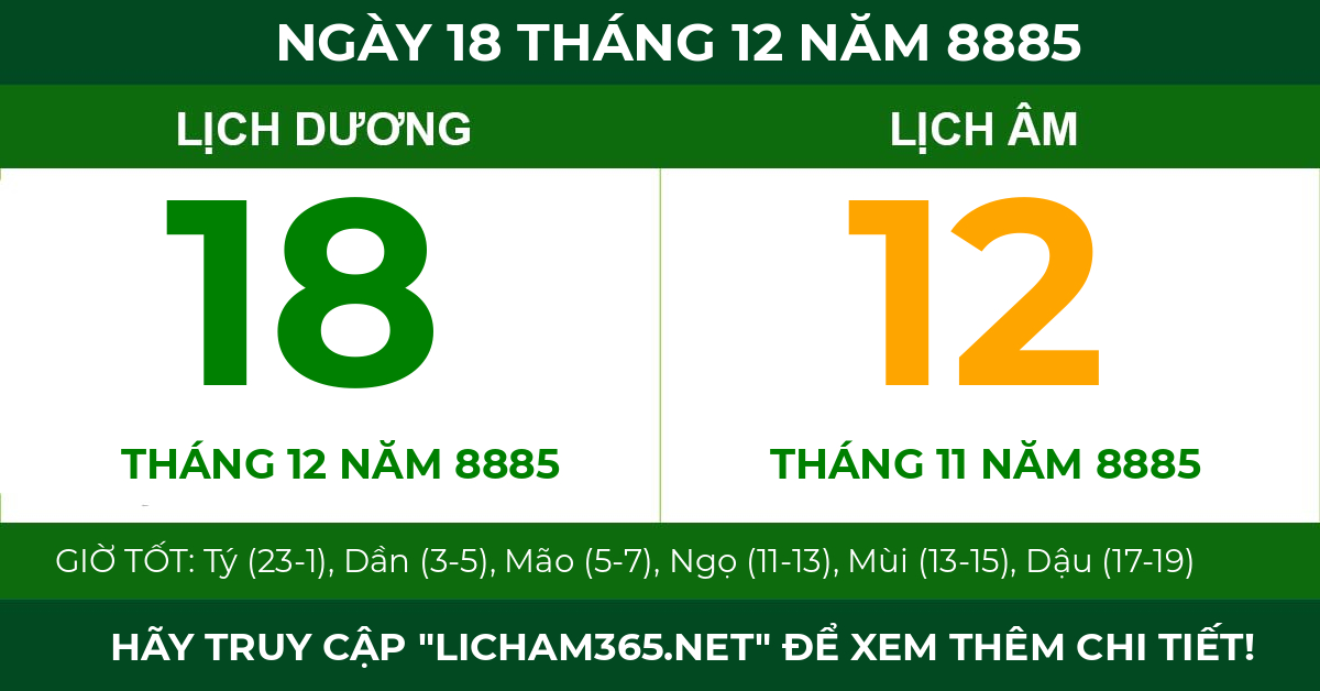 lịch âm ngày 18 tháng 12 năm 8885