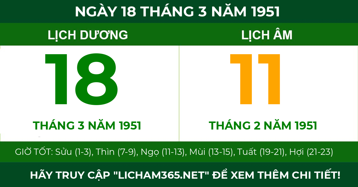 lịch âm ngày 18 tháng 3 năm 1951