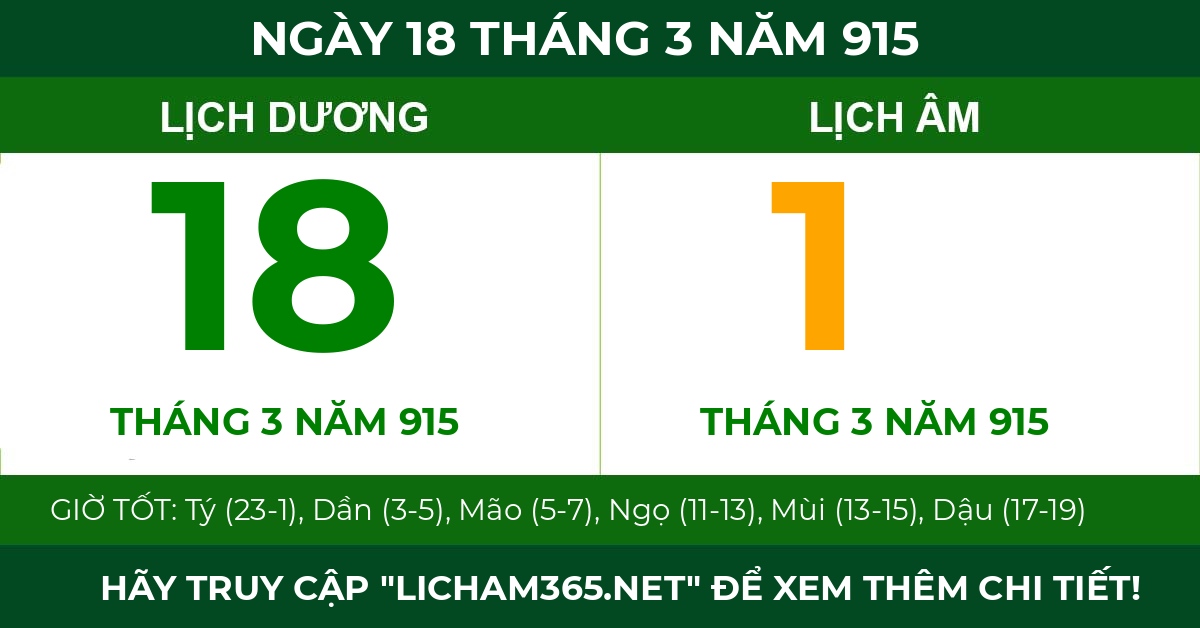 lịch âm ngày 18 tháng 3 năm 915